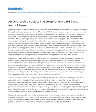 An Oppressive Society in George Orwell’s 1984 And Animal Farm