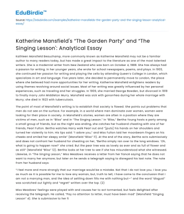 Mansfield’s The Garden Party and The Singing Lesson Analysis