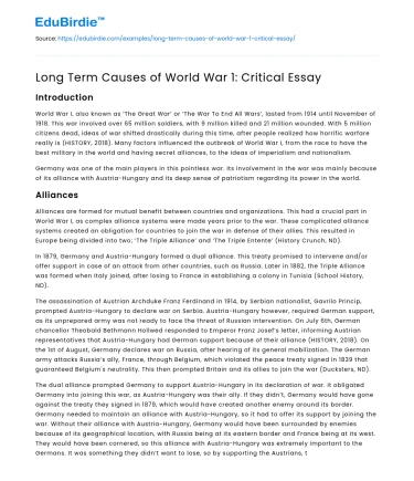 Long Term Causes of World War 1: Critical Essay
