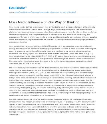 Mass Media Influence on Our Way of Thinking