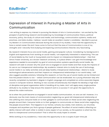 Expression of Interest in Pursuing a Master of Arts in Communication