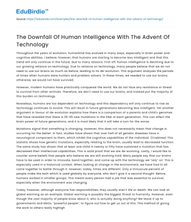The Downfall Of Human Intelligence With The Advent Of Technology