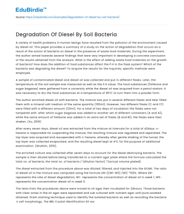 Degradation Of Diesel By Soil Bacteria