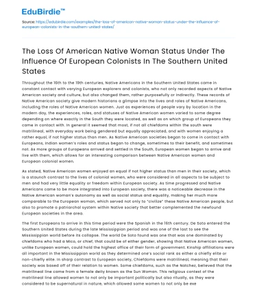 Native American Women’s Status Loss in Southern US Colonization