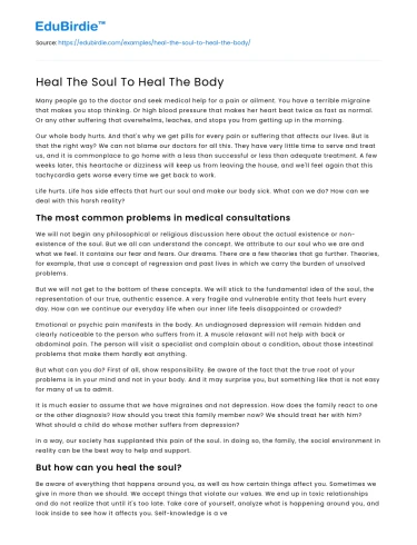 Heal The Soul To Heal The Body
