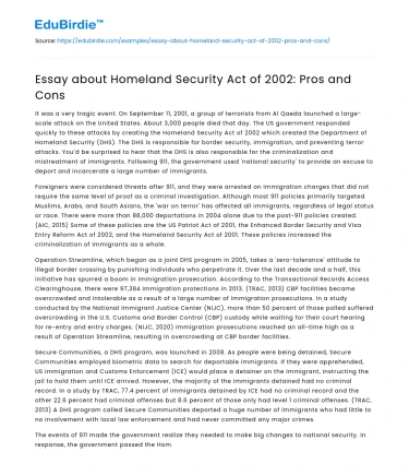 Essay about Homeland Security Act of 2002: Pros and Cons