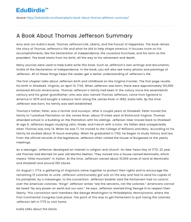 A Book About Thomas Jefferson Summary