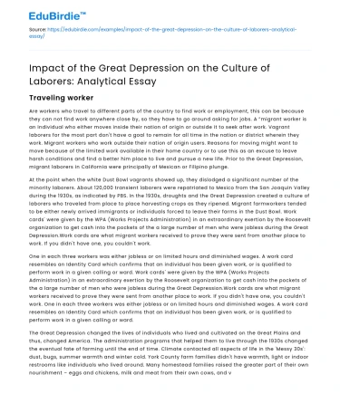 Great Depression’s Impact on Laborers’ Culture: Analysis