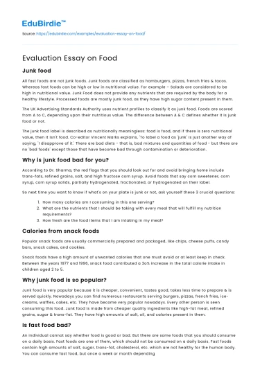 Evaluation Essay on Food