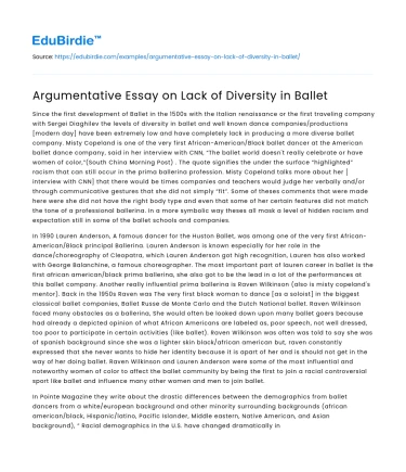 Argumentative Essay on Lack of Diversity in Ballet