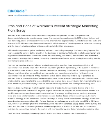 Pros and Cons of Walmart’s Recent Strategic Marketing Plan: Essay