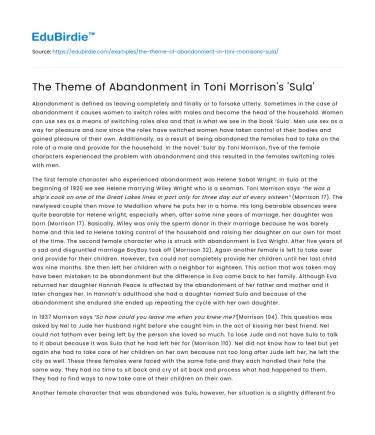 The Theme of Abandonment in Toni Morrison’s ‘Sula’