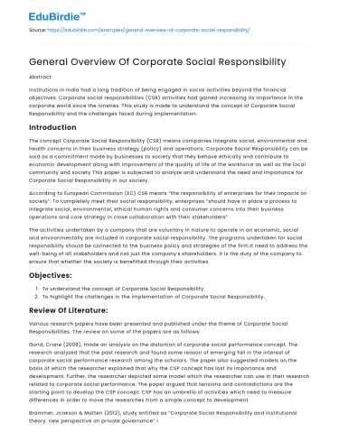 General Overview Of Corporate Social Responsibility