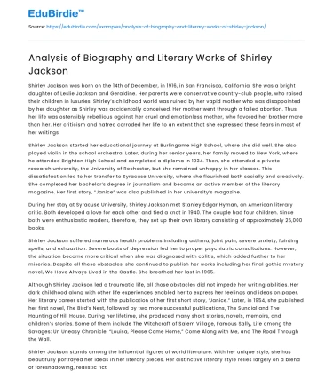 Analysis of Biography and Literary Works of Shirley Jackson