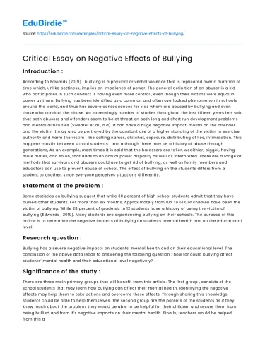 Critical Essay on Negative Effects of Bullying