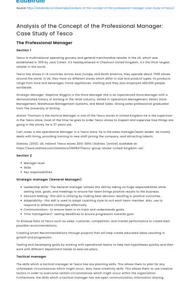 Analysis of the Concept of the Professional Manager: Case Study of Tesco
