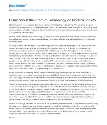Essay about the Effect of Technology on Modern Society