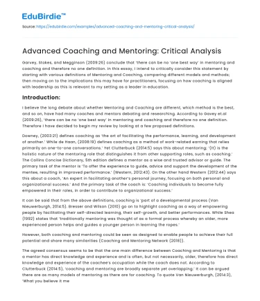 Advanced Coaching and Mentoring: Critical Analysis
