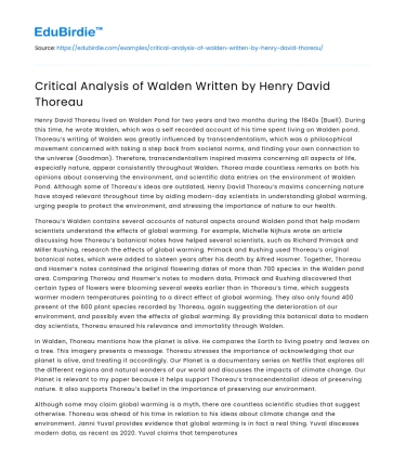 Critical Analysis of Walden Written by Henry David Thoreau