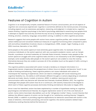 Features of Cognition in Autism