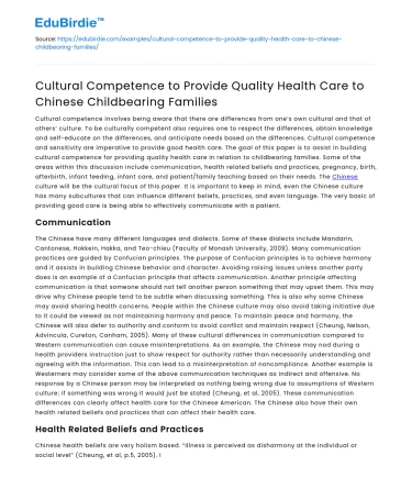 Cultural Competence in Health Care for Chinese Childbearing Families