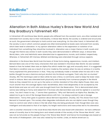 Alienation in Huxley’s Brave New World and Bradbury’s Fahrenheit 451