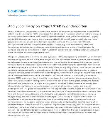 Analytical Essay on Project STAR in Kindergarten