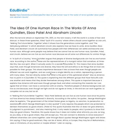 One Human Race in Quindlen, Patel, Lincoln