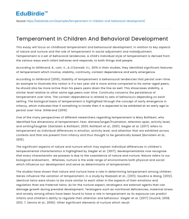 Temperament In Children And Behavioral Development
