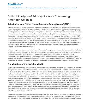 Critical Analysis of Primary Sources Concerning American Colonies