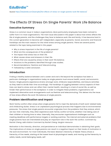 The Effects Of Stress On Single Parents’ Work Life Balance