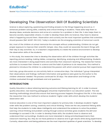 Developing The Observation Skill Of Budding Scientists