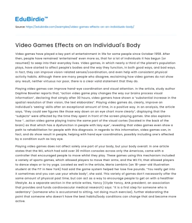 Video Games Effects on an Individual’s Body