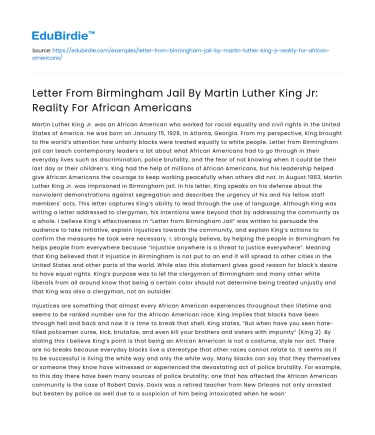 MLK’s Letter from Birmingham Jail: Reality for African Americans