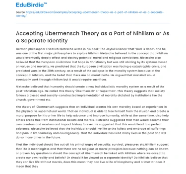 Accepting Ubermensch Theory in Nihilism or as Separate Identity