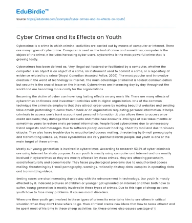 Cyber Crimes and Its Effects on Youth