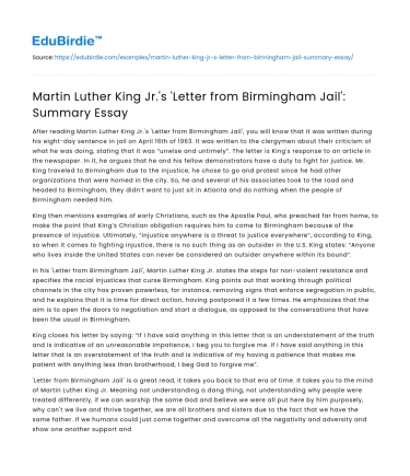 Martin Luther King Jr.’s ‘Letter from Birmingham Jail’: Summary Essay
