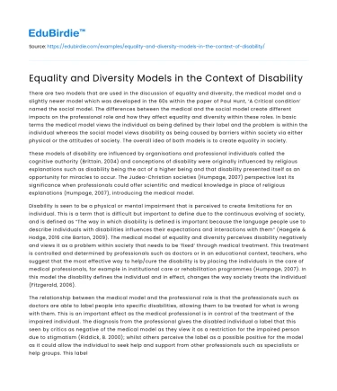 Equality and Diversity Models in the Context of Disability