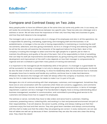 Compare and Contrast Essay on Two Jobs