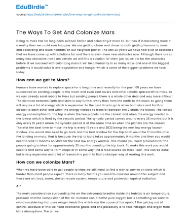 Mars Colonization and Exploration