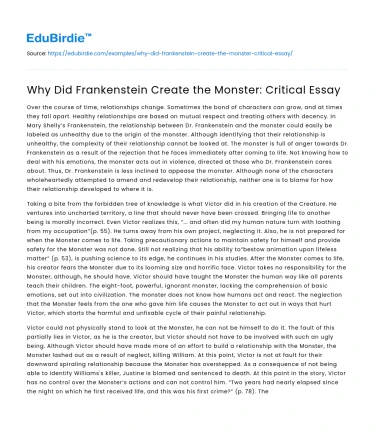 Why Did Frankenstein Create the Monster: Critical Essay