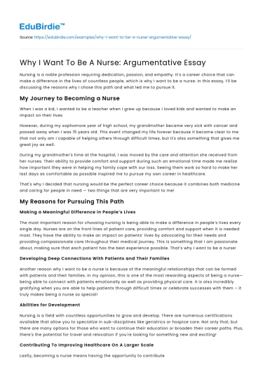 Why I Want To Be A Nurse: Argumentative Essay