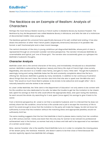 The Necklace as an Example of Realism: Analysis of Characters