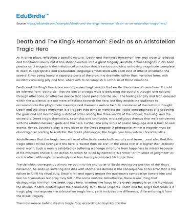 Death and The King’s Horseman’: Elesin as an Aristotelian Tragic Hero