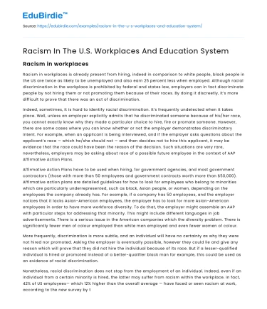 Racism In The U.S. Workplaces And Education System