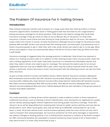 The Problem Of Insurance For E-hailing Drivers