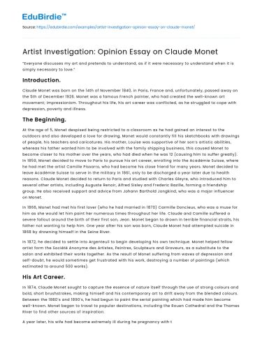 Artist Investigation: Opinion Essay on Claude Monet