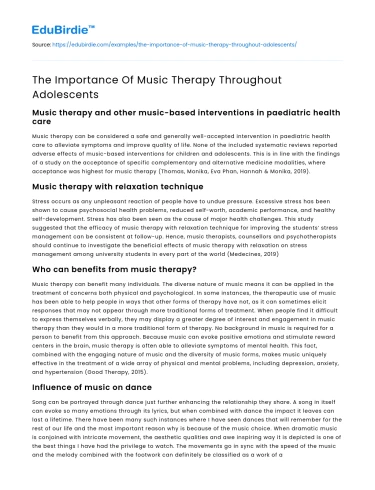 The Importance Of Music Therapy Throughout Adolescents