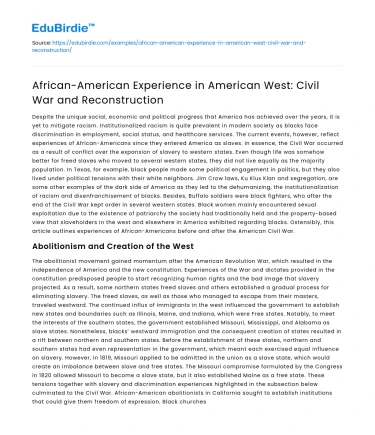 African-American Experience in American West: Civil War and Reconstruction