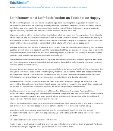 Self-Esteem and Self-Satisfaction as Tools to be Happy